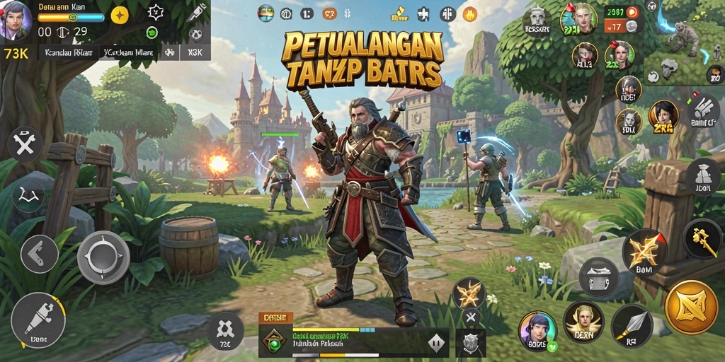 Screenshot utama 73K menampilkan pertempuran epik di dunia RPG yang luas.