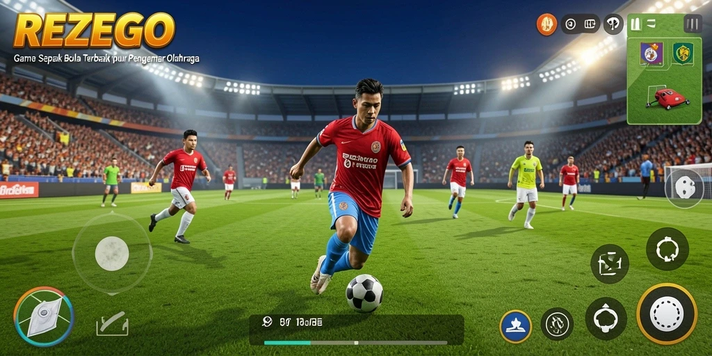 Tampilan gameplay mendebarkan dari REZEGO dengan aksi sepak bola yang intens.