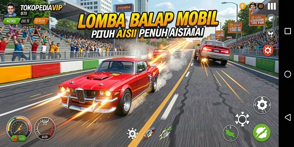Screenshot gameplay TOKOPEDIAVIP yang menampilkan balapan mobil yang mendebarkan.