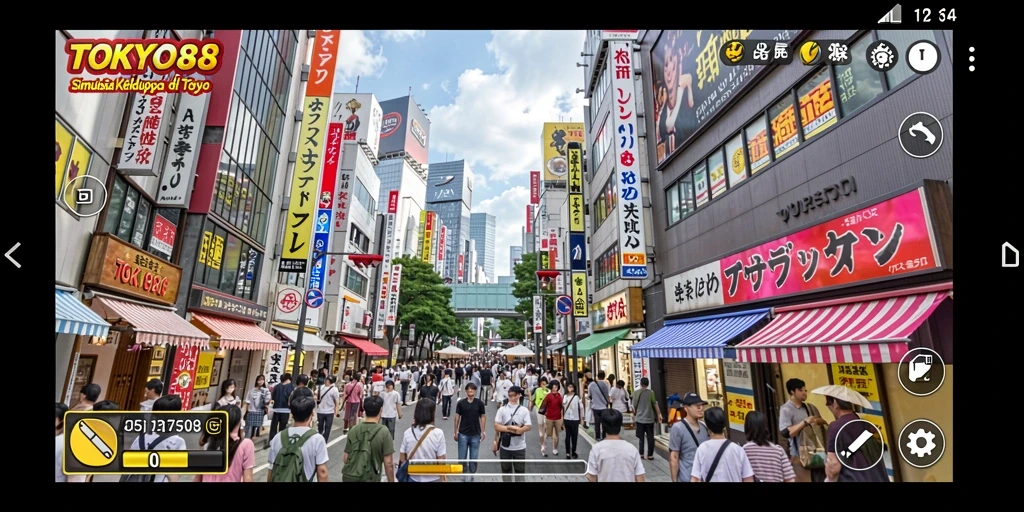Screenshot gameplay dari TOKYO88 yang menunjukkan interaksi karakter di Tokyo.